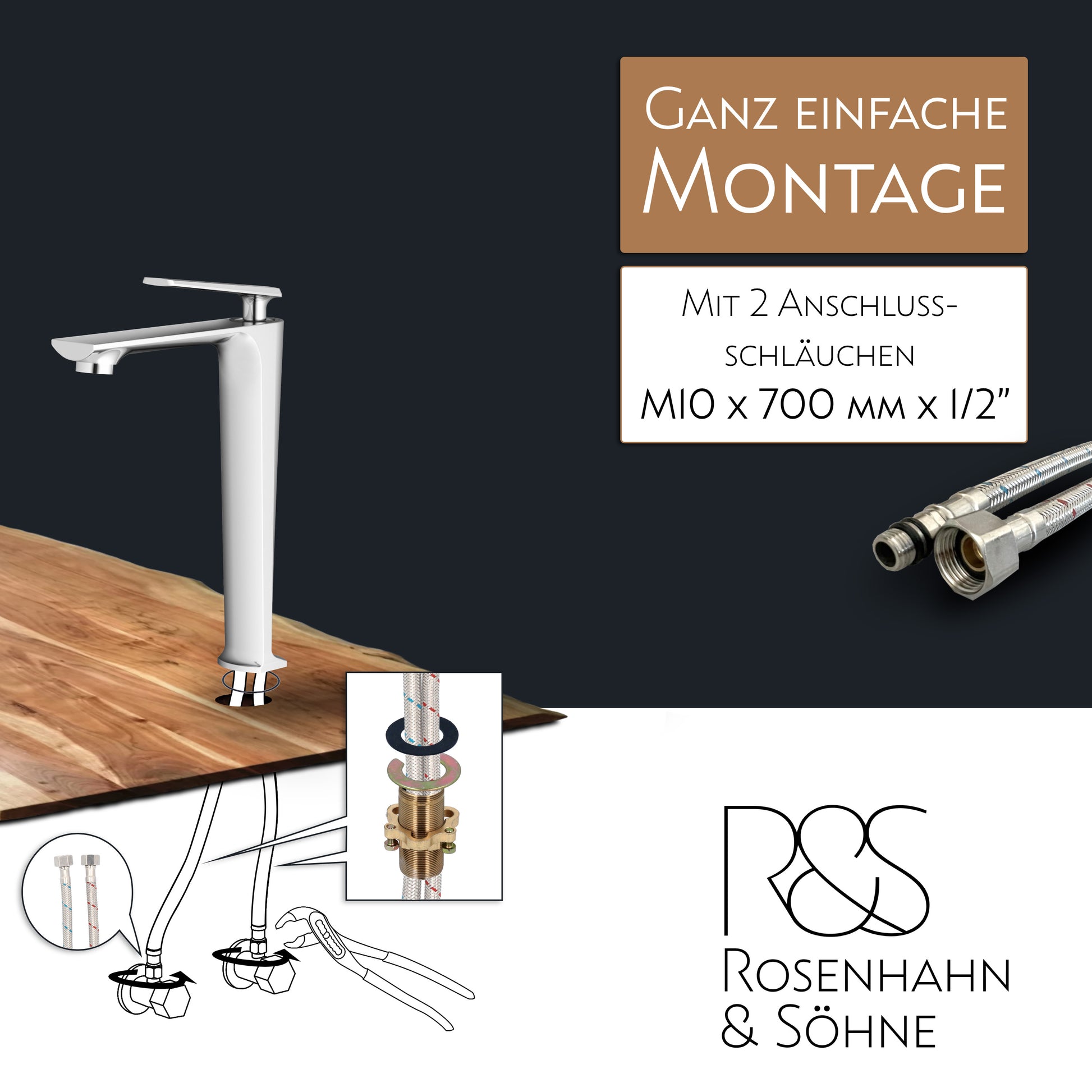 Rosenhahn & Söhne Vilm L Design Badarmatur Wasserhahn Badezimmer - Armatur Bad [Chrom] - Heiß + Kalt Waschtischarmatur + Anschlussschläuche - Toolbrothers